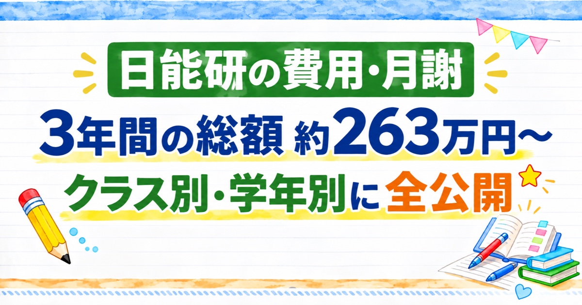 日能研の3年間の費用（総額約263万円〜）をクラス別・学年別にまとめた記事のアイキャッチ画像